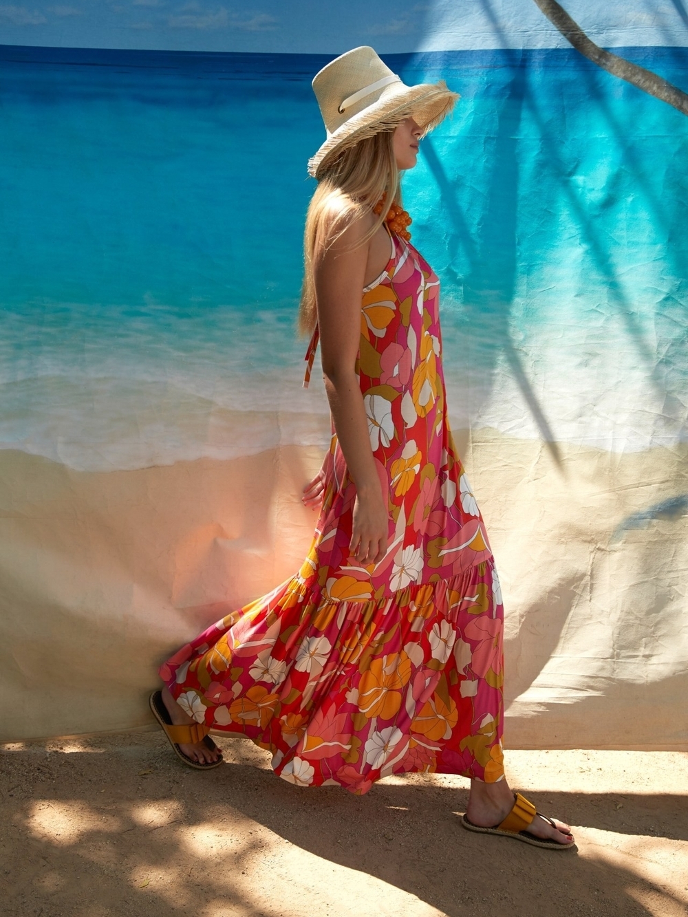 Trina Turk Pink Floral Halter Maxi Dress with Orange Blooms